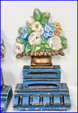 Antique Cast Iron Floral Urn Bookends Doorstops Blues Pinks 6 1/2 Hubley Style