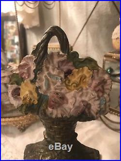 Antique Cast Iron Flower Basket Bookends Doorstop W S 1925 Sweetpeas Not Hubley