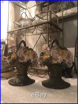 Antique Cast Iron Flower Basket Bookends Doorstop W S 1925 Sweetpeas Not Hubley