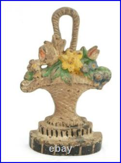 Antique Cast Iron Flower Basket Door Stop 8 1/4 Inches Tall