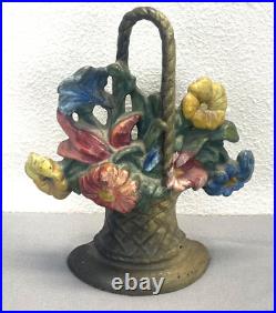 Antique Cast Iron Flower Basket Doorstop Polychrome Painted 9 French Decor