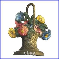 Antique Cast Iron Flower Basket Doorstop Polychrome Painted 9 French Decor