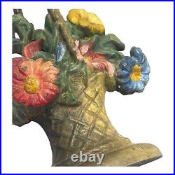 Antique Cast Iron Flower Basket Doorstop Polychrome Painted 9 French Decor