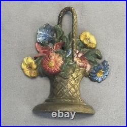 Antique Cast Iron Flower Basket Doorstop Polychrome Painted 9 French Decor