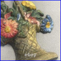 Antique Cast Iron Flower Basket Doorstop Polychrome Painted 9 French Decor