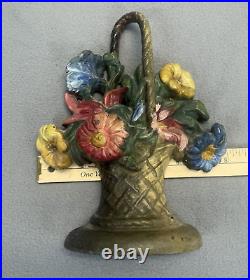 Antique Cast Iron Flower Basket Doorstop Polychrome Painted 9 French Decor