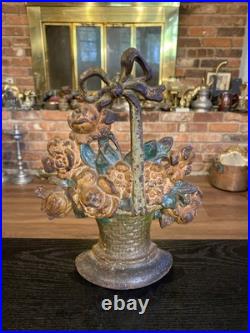 Antique Cast Iron Flower Basket Doorstop With Bow On Handle #31, Original Paint