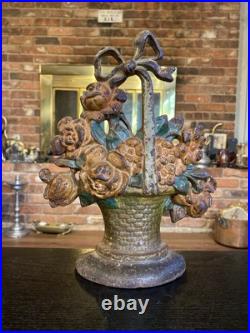 Antique Cast Iron Flower Basket Doorstop With Bow On Handle #31, Original Paint