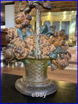 Antique Cast Iron Flower Basket Doorstop With Bow On Handle #31, Original Paint
