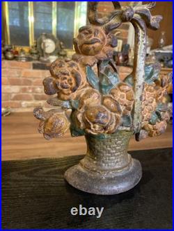 Antique Cast Iron Flower Basket Doorstop With Bow On Handle #31, Original Paint