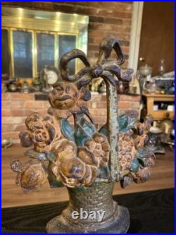 Antique Cast Iron Flower Basket Doorstop With Bow On Handle #31, Original Paint