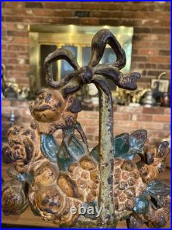 Antique Cast Iron Flower Basket Doorstop With Bow On Handle #31, Original Paint