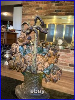 Antique Cast Iron Flower Basket Doorstop With Bow On Handle #31, Original Paint