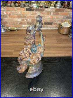 Antique Cast Iron Flower Basket Doorstop With Bow On Handle #31, Original Paint