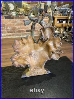 Antique Cast Iron Flower Basket Doorstop With Bow On Handle #31, Original Paint