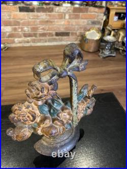 Antique Cast Iron Flower Basket Doorstop With Bow On Handle #31, Original Paint
