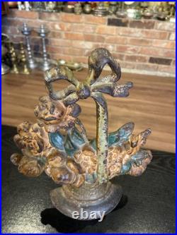 Antique Cast Iron Flower Basket Doorstop With Bow On Handle #31, Original Paint