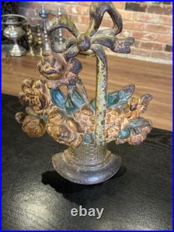 Antique Cast Iron Flower Basket Doorstop With Bow On Handle #31, Original Paint