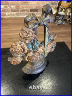 Antique Cast Iron Flower Basket Doorstop With Bow On Handle #31, Original Paint