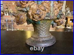 Antique Cast Iron Flower Basket Doorstop With Bow On Handle #31, Original Paint