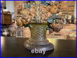 Antique Cast Iron Flower Basket Doorstop With Bow On Handle #31, Original Paint