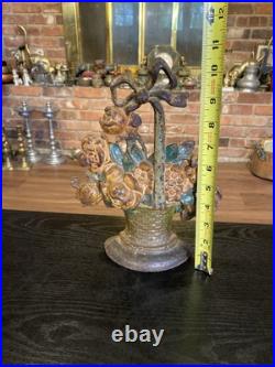 Antique Cast Iron Flower Basket Doorstop With Bow On Handle #31, Original Paint