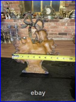 Antique Cast Iron Flower Basket Doorstop With Bow On Handle #31, Original Paint