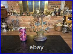 Antique Cast Iron Flower Basket Doorstop With Bow On Handle #31, Original Paint