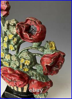 Antique Cast Iron Flower Doorstop Hubley 265 Poppies & Cornflowers, Orig Paint