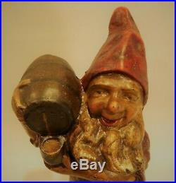Antique Cast Iron Gnome With Whiskey Barrel Door Stop