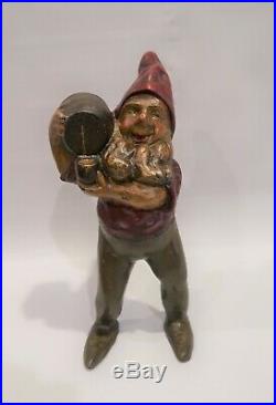 Antique Cast Iron Gnome With Whiskey Barrel Door Stop