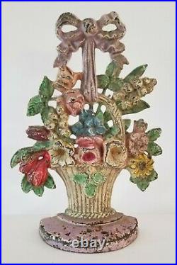 Antique Cast Iron Hubley Lilies of the Valley Door Stop Flower Basket Vintage