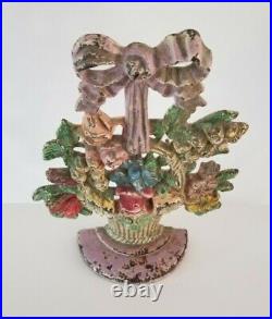 Antique Cast Iron Hubley Lilies of the Valley Door Stop Flower Basket Vintage
