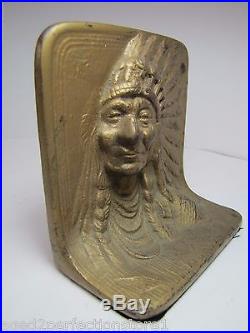 Antique Cast Iron Indian Chief Bookend Doorstop Display Art orig old gold paint