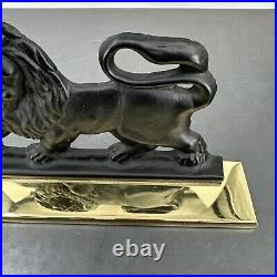 Antique Cast Iron Lion Door Stop 4.5lbs With Gold Tone Plate