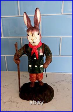 Antique Cast Iron Metal Rabbit Doorstop Figurine 9 Tall Vtg With Walking Stick
