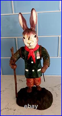 Antique Cast Iron Metal Rabbit Doorstop Figurine 9 Tall Vtg With Walking Stick