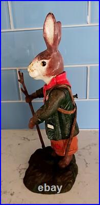 Antique Cast Iron Metal Rabbit Doorstop Figurine 9 Tall Vtg With Walking Stick
