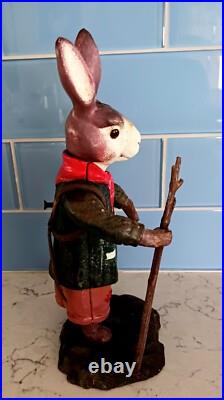Antique Cast Iron Metal Rabbit Doorstop Figurine 9 Tall Vtg With Walking Stick