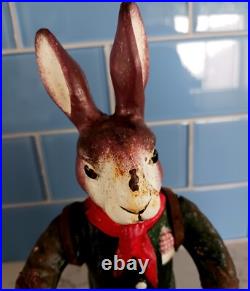 Antique Cast Iron Metal Rabbit Doorstop Figurine 9 Tall Vtg With Walking Stick