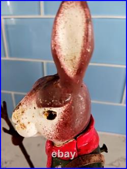 Antique Cast Iron Metal Rabbit Doorstop Figurine 9 Tall Vtg With Walking Stick