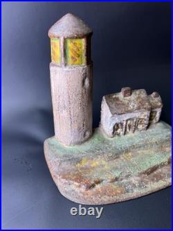 Antique Cast Iron Nautical Figural Doorstop Lighthouse & Keeper's Seaside Home