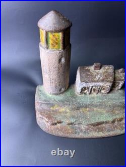 Antique Cast Iron Nautical Figural Doorstop Lighthouse & Keeper's Seaside Home
