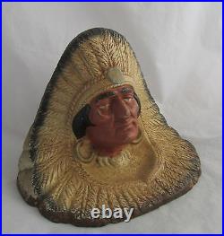Antique Cast Iron Original Paint Native Ameircan Indian Chief Feathers Door Stop