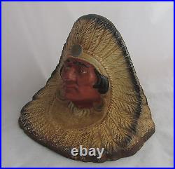 Antique Cast Iron Original Paint Native Ameircan Indian Chief Feathers Door Stop