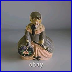 Antique Cast Iron Painted Victorian Lady Holding Parasol & Hat Box Doorstop