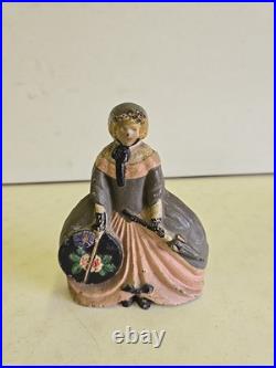 Antique Cast Iron Painted Victorian Lady Holding Parasol & Hat Box Doorstop