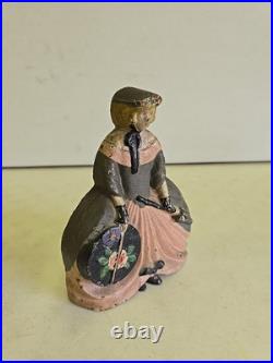 Antique Cast Iron Painted Victorian Lady Holding Parasol & Hat Box Doorstop
