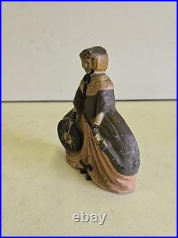 Antique Cast Iron Painted Victorian Lady Holding Parasol & Hat Box Doorstop
