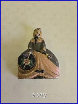 Antique Cast Iron Painted Victorian Lady Holding Parasol & Hat Box Doorstop